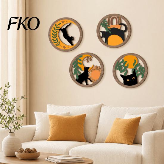 Wooden Cat Wall Art 4Pcs 3D Boho Decoration, Round Hangings, Animal Star Sun Moon Retro Orange Decoration Botanical Decor, Layered Wood