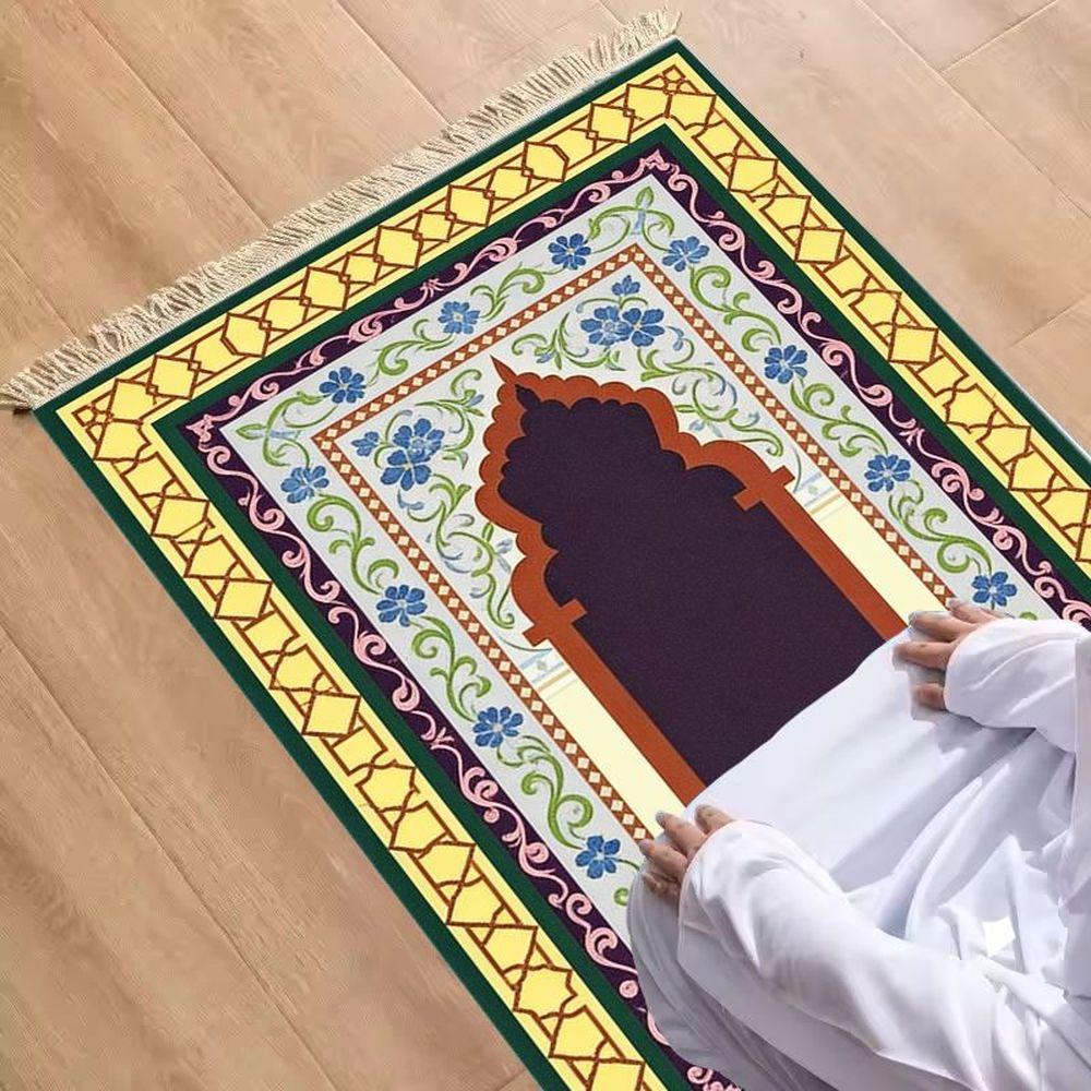 Marineblauw Gebedskleed Gouden Boogontwerp Bloemen Islamitisch Kleed voor Salah 48X98CM