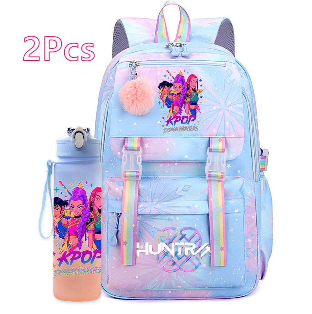 2Pcs/set New Anime Kpop Printed Backpack with 750Ml Water Bottler Large Capacity Travel Bag for Teenager Girl Boy Bookbag Kid Gift Large Capacity Bag