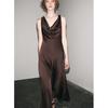 Spring and Summer A- line Asymmetric Hem Draped V Neck Wide Shoulder Strap Silk Satin Texture Length Dress 2590987
