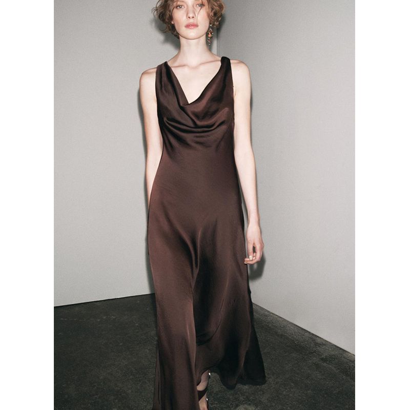 Spring and Summer A- line Asymmetric Hem Draped V Neck Wide Shoulder Strap Silk Satin Texture Length Dress 2590987