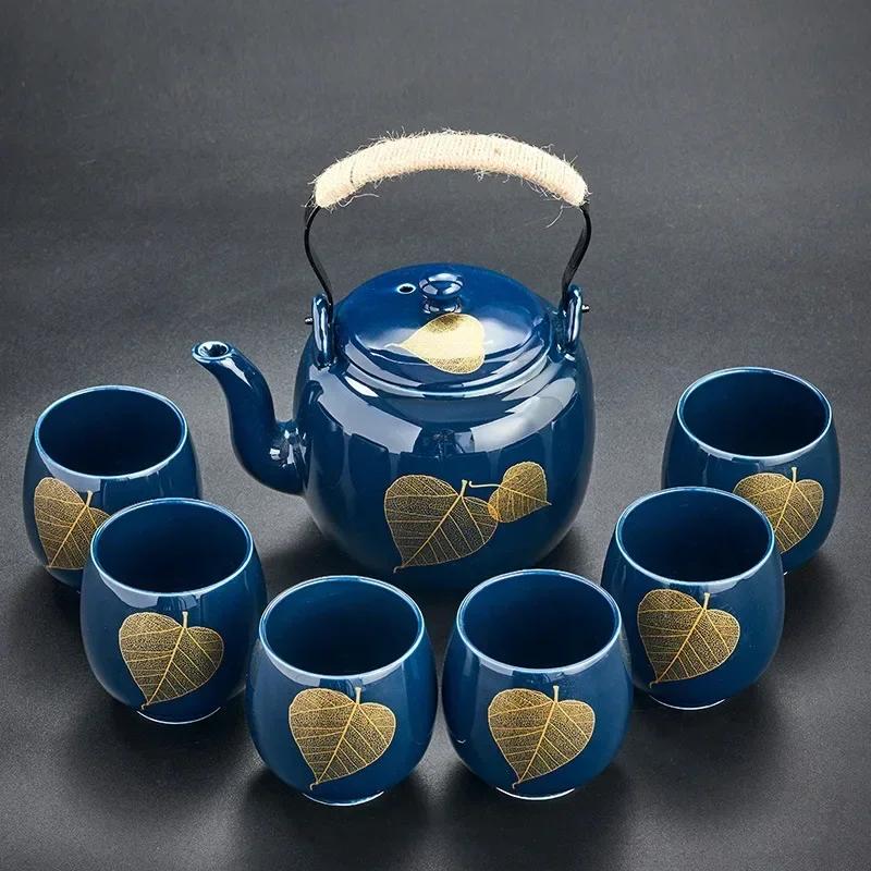 7-Piece Set Japanese Style Ceramic Tea Set Black Glazed Teapot With Tea Strainer Simple Teacup Home Office Gift Tea Service