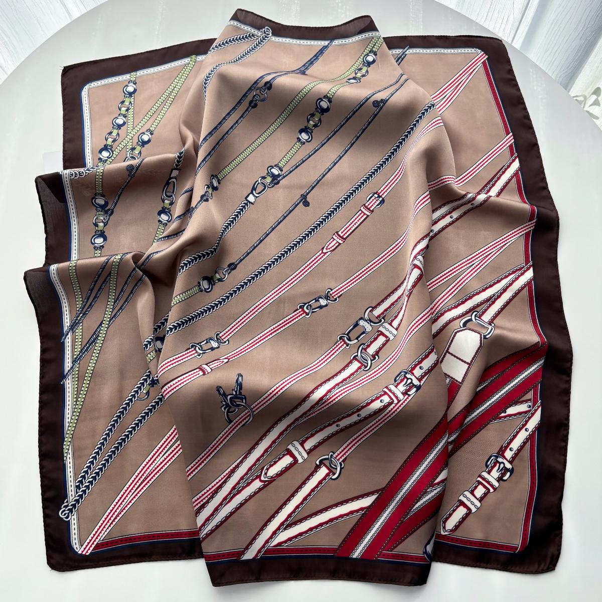 

Imitation Silk Square Scarf For Women Chain Printed Bandanas Stylish Hairband Luxury Hijab Neckerchief Elegant Shawl Wraps