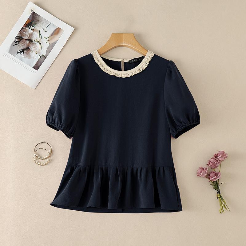 ZANZEA Damen Patchwork Rundhals Locker Sommer Lässig Kurzarm Bluse