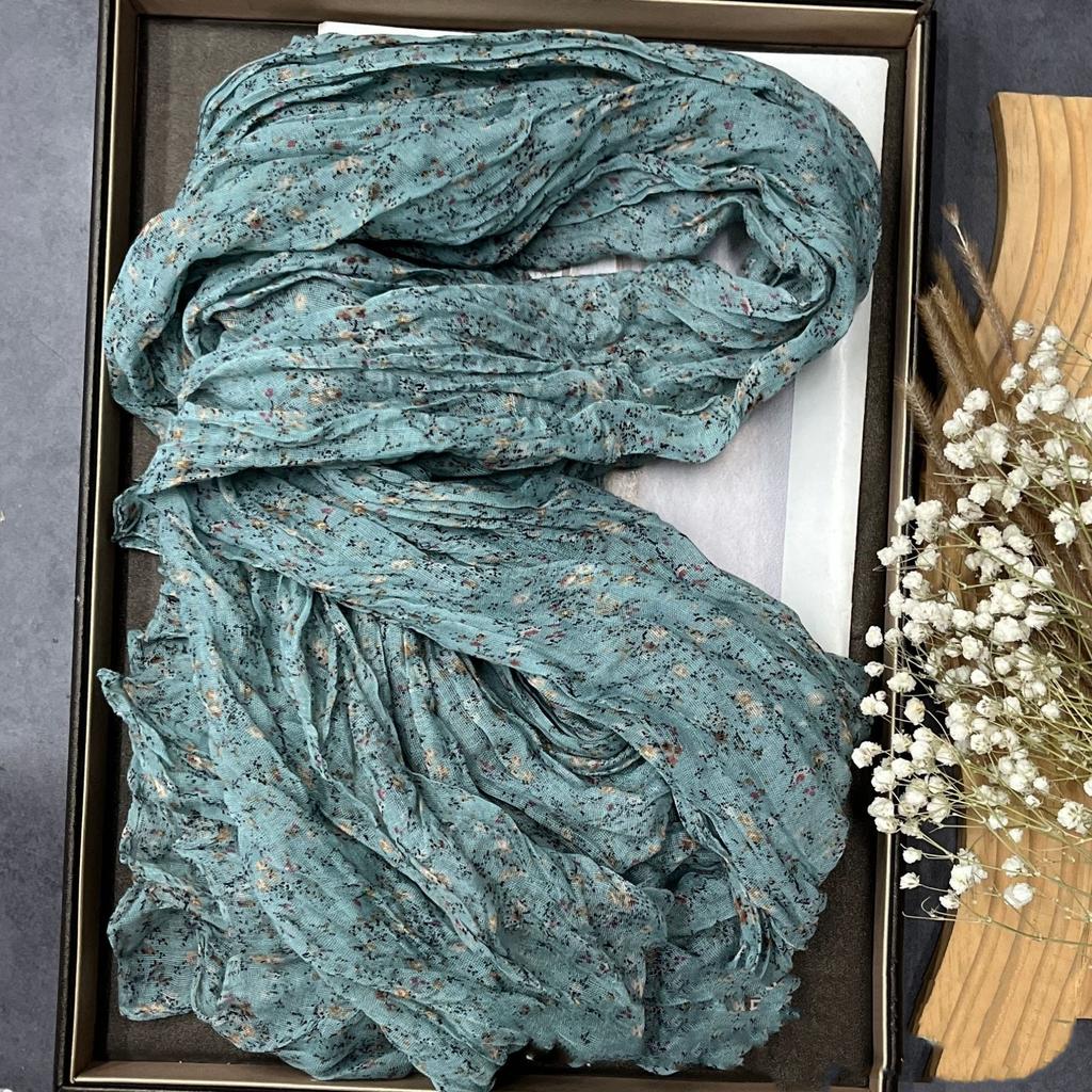 New Retro Literary Imitation Cotton And Linen Pleated Thin Versatile Shawl Small Floral Scarf Yarn Japanese Fashion Trend