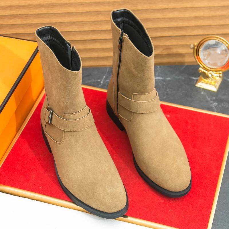 Fashion Men's Pointed Short Boots British Style Work Business Ankle Boots High-quality Brown Suede Fashionable Boots for Men mo-44325