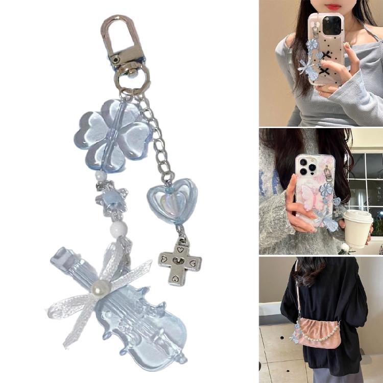Acrylic Beaded Keychain Violin Pendant Keyring Handmade Phone Charm Colorful Bag Pendant Personalized Camera Decoration