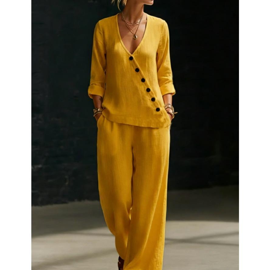 YYFS Women's Fashion Casual Spring Fall Solid Color Print Long Sleeve V-Neck Trousers Pants Suits