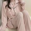 2024 Women's Long-Sleeve V-Neck Ribbed Cotton Pajama Set - Sweet Princess Style, Solid Color, Large Size, Ideal for Spring and Autumn.