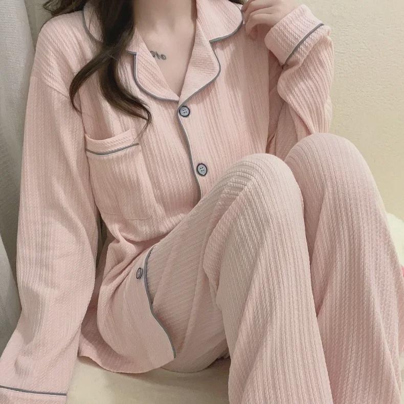 2024 Women's Long-Sleeve V-Neck Ribbed Cotton Pajama Set - Sweet Princess Style, Solid Color, Large Size, Ideal for Spring and Autumn.