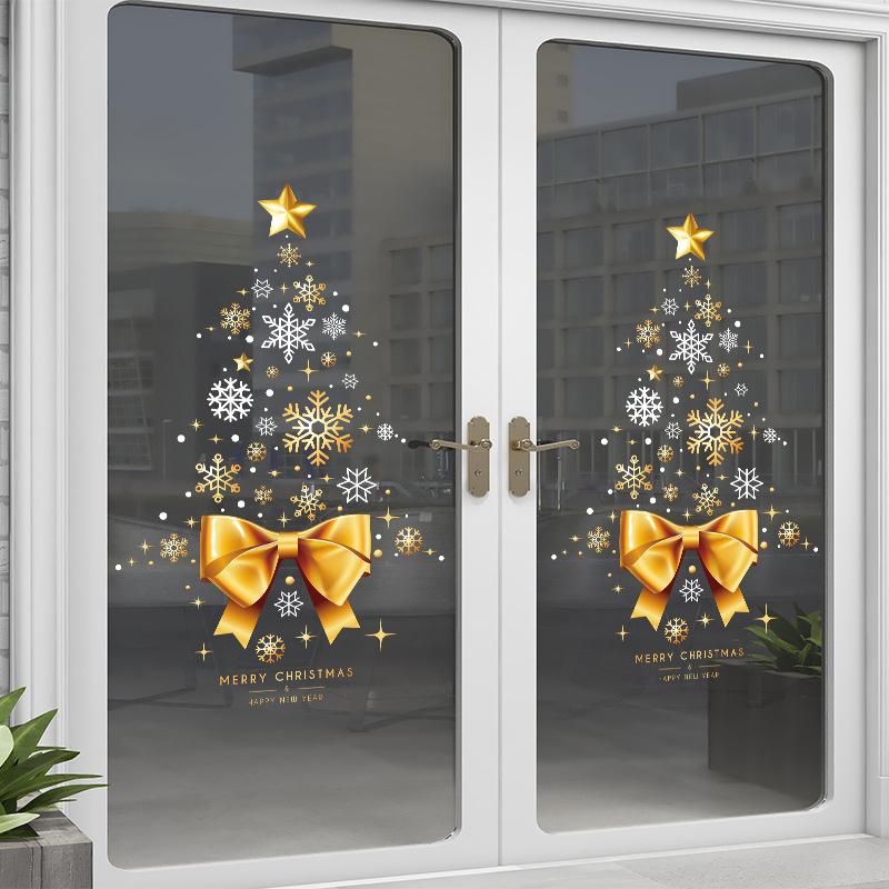 Window Display: Merry Christmas Snowflake Stickers Christmas Decorations Golden Christmas Wreath Electrostatic Stickers