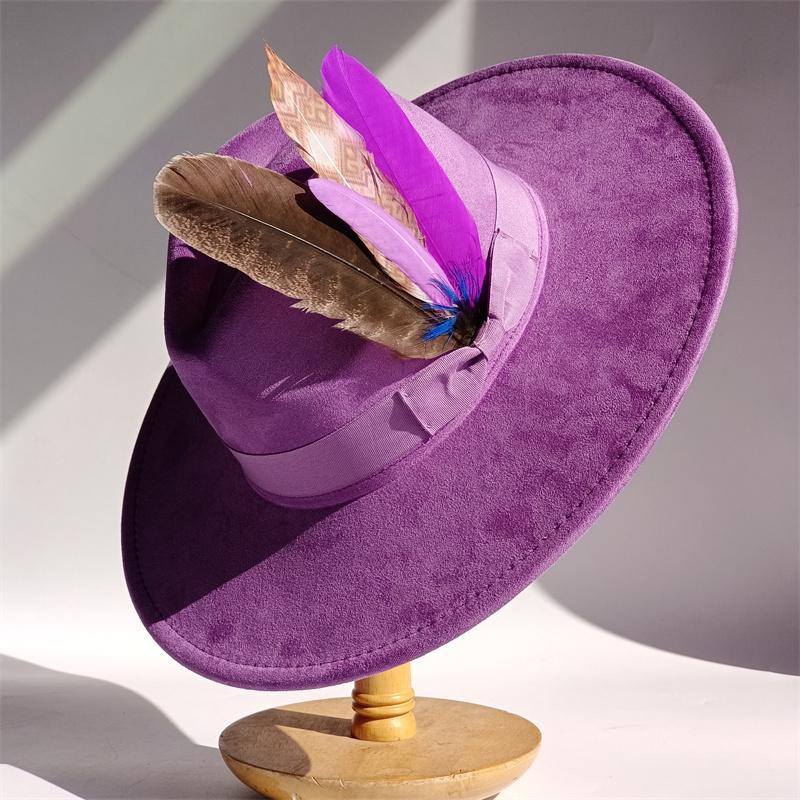 Purple Feathers Suede Top Hat 9.5Cm Wide Brim Fedora Hat Men Women Autumn Winter Felt Jazz Hats Classic Church Fedoras Sombrero