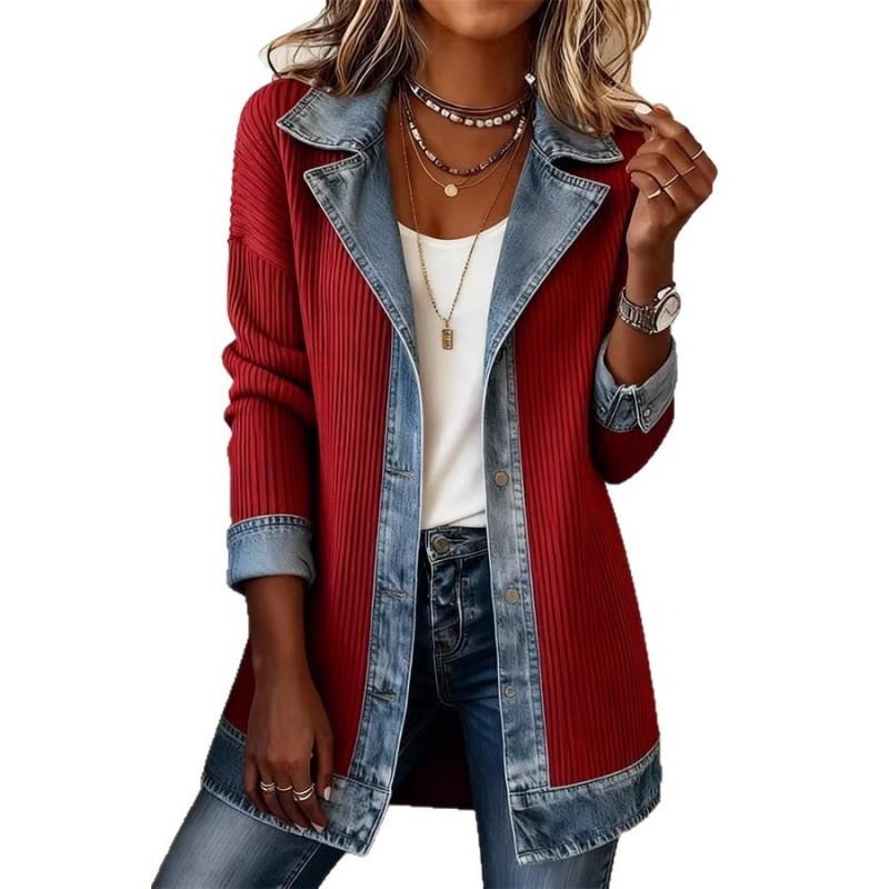 Womens Color Block Denim Jacket Long Sleeve Loose Streetwear Casual Outerwear