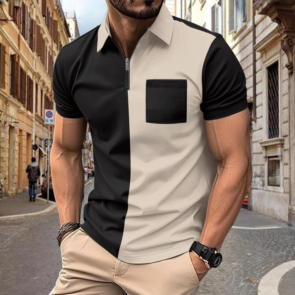 Sommer Neues Herren Kurzarm Poloshirt Halber Reißverschluss Colorblock Tasche Poloshirt Mode Lässig Polo Kragen Shirt