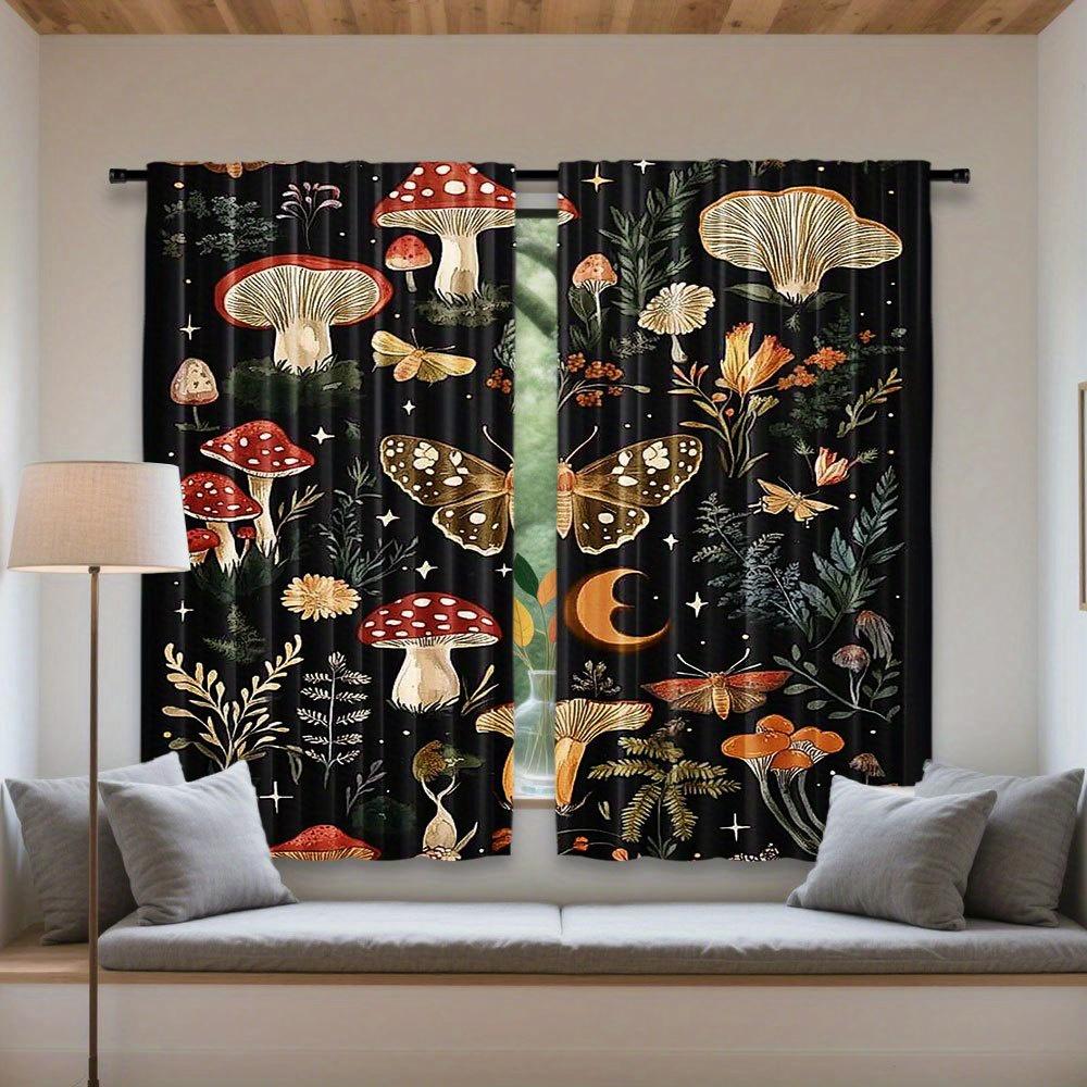 2Pcs Polyester Vintage Mushroom Moonlight Printing Window Curtains Birthday Party Decoration Backdrop Drapes for Living Room