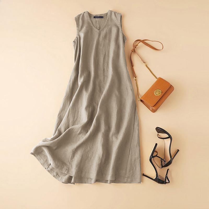 

Хлопковое платье женское летнее платье без рукавов с v-образным вырезом M бежевый