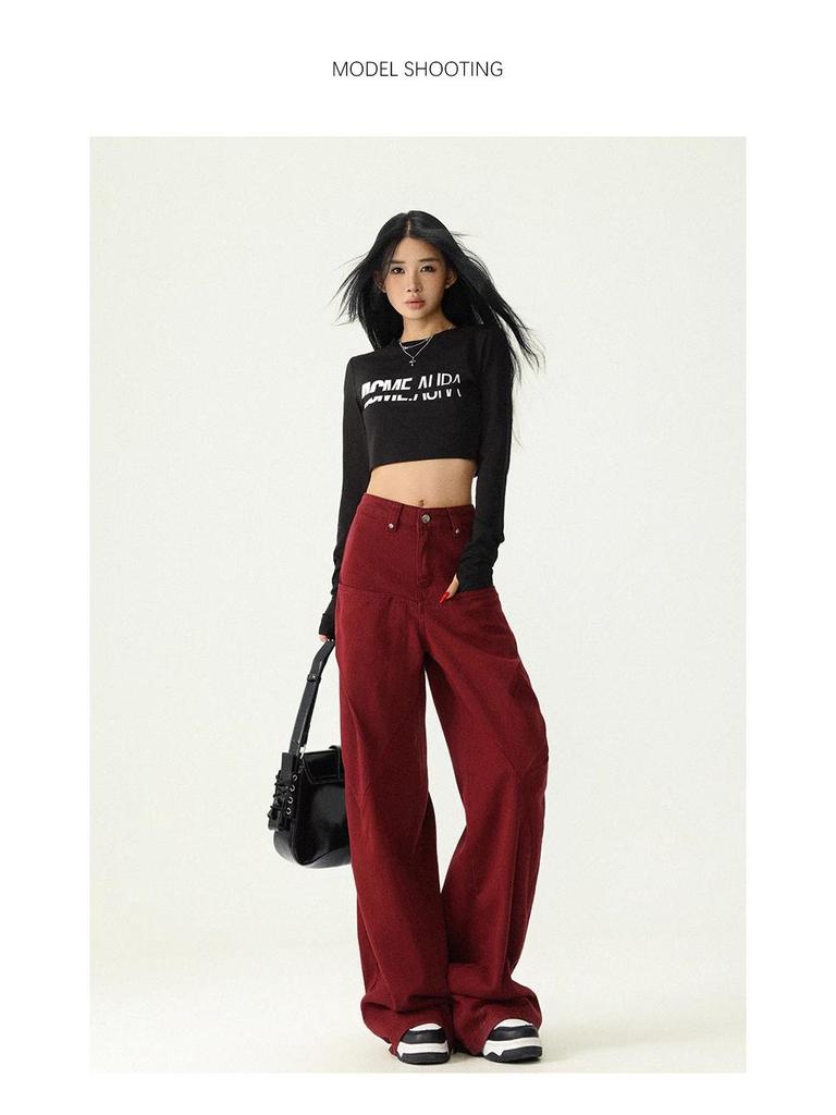 Women's Retro High-Waist Red Wide-Leg Jeans - Slimming, Versatile & Trendy