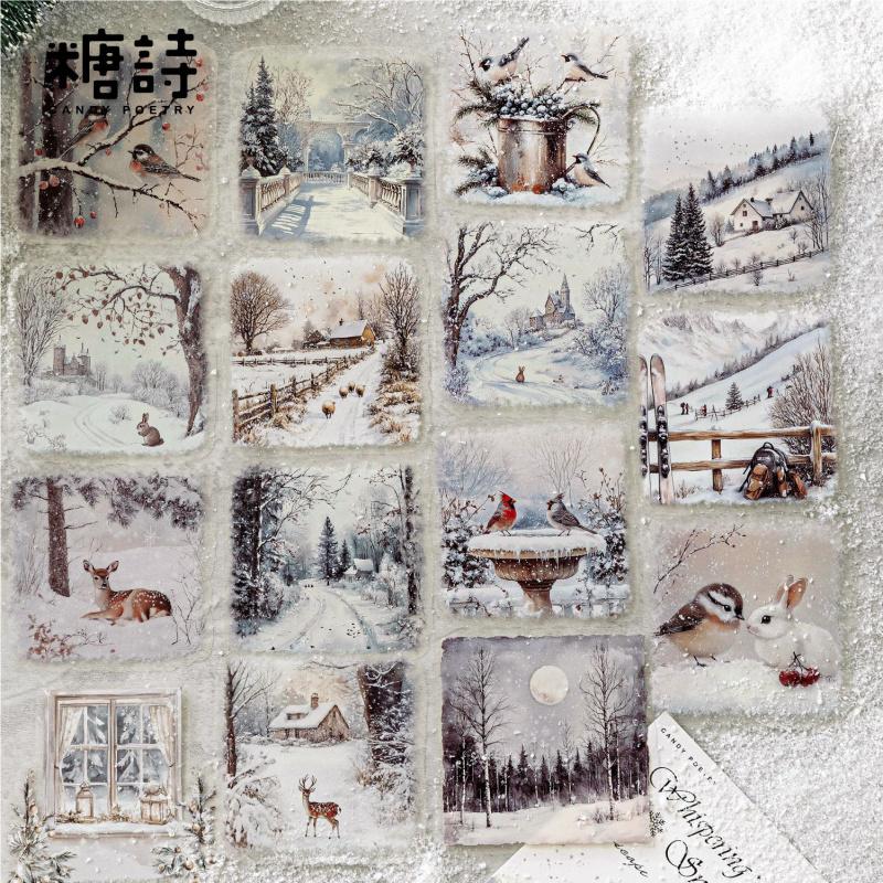 15 Sheets Winter Snow Scene Sticker Pack No-Repeat Designs For Hand Account Embellishment