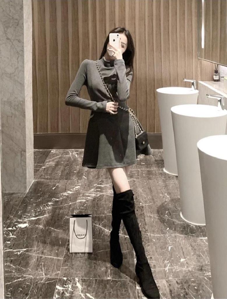 Women's Petite High-Neck Cinched-Waist Thermal Fleece Dress - Slimming A-Line Base Layer