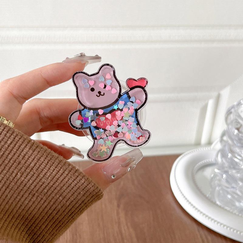 Cartoon Flowing Sequin Beads Quicksand Mobile Phone Airbag Holder Fun Bear Sticky Retractable Girl