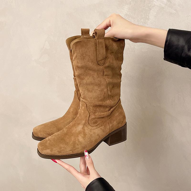 2025 autumn and winter new fashion versatile retro trouser boots versatile niche design thick heel square head medium boots