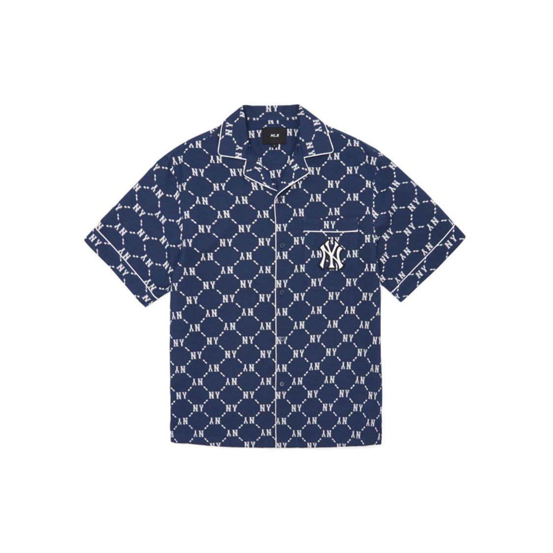 MLB New York Yankees Basic Logo Jacquard Rautenmuster Lockerer Schnitt Einreiher Freizeit Kurzarmhemd Unisex-Hemden Marineblau 3AWSM0223-50NYL L blue