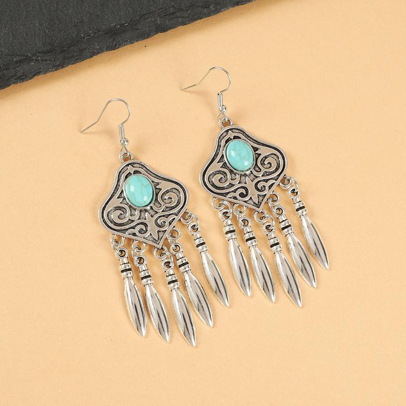 Vintage Miao silver fringed earrings with turquoise long Indian bohemian earrings Exotic earrings