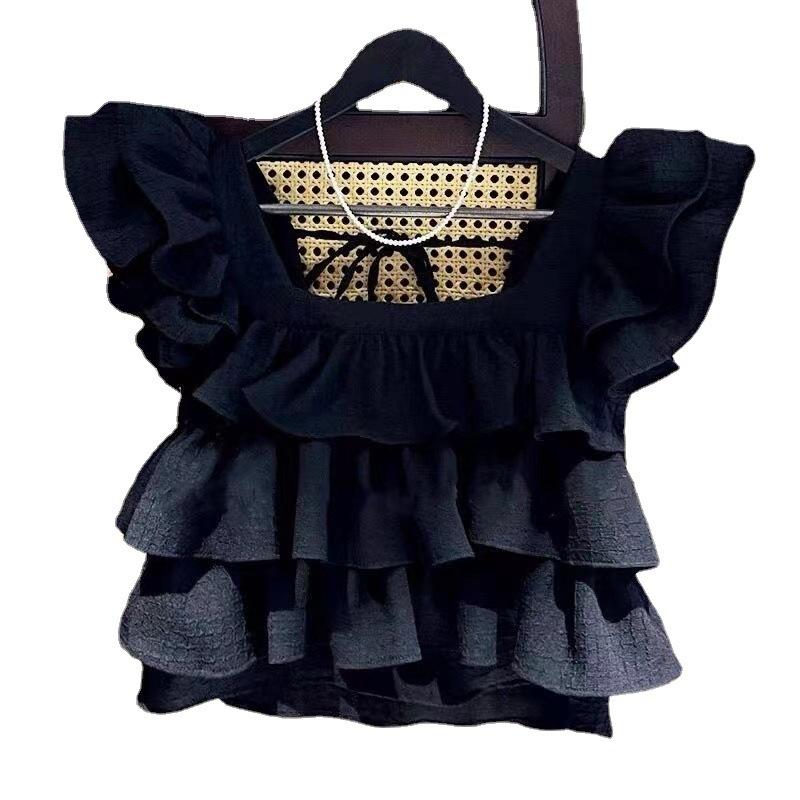 Girls' Summer Clothing New Style Solid Color Ruffled Sleeve Square-Neck Shirt Fashionable Vest For Older Children