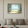 2D Summer Ocean Tapestry, Window View with Beach and Flowers for Home Decoration