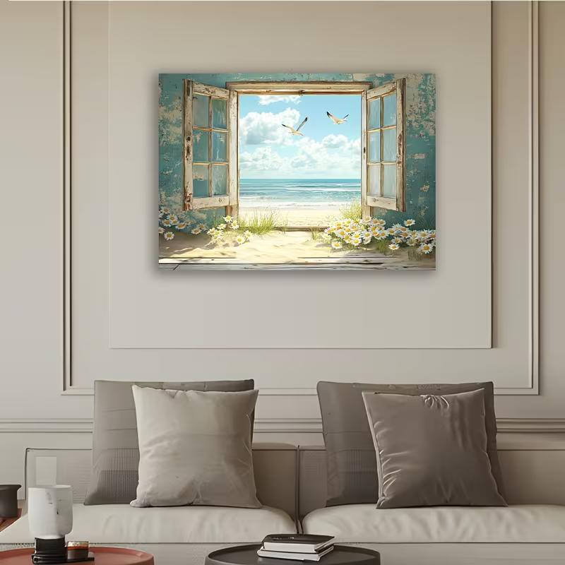 2D Summer Ocean Tapestry, Window View with Beach and Flowers for Home Decoration