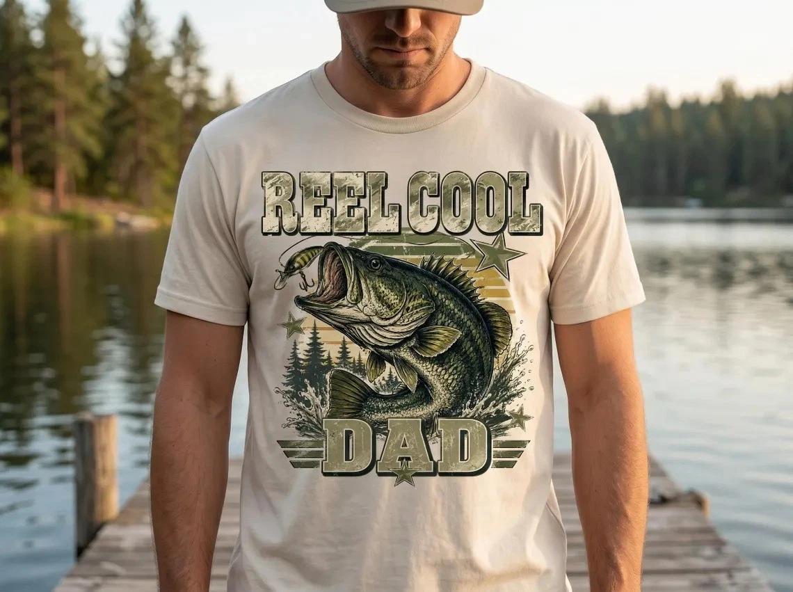 Fathers Day Gifts Reel Cool Dad T-Shirt Camo Bass Fish Men s Graphic Tee L