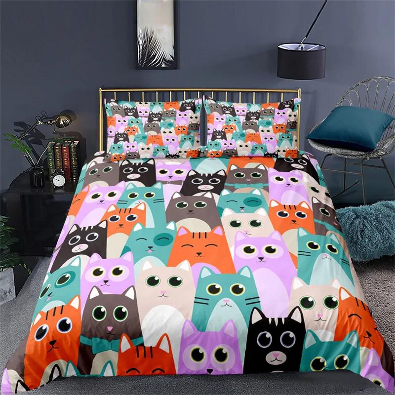Kawaii Animal Duvet Cover Cute Cat Bedding Set For Girls Boys Kids, Pet Theme Cartoon Kitten Comforter Cover Lovely Cat Bed Set
