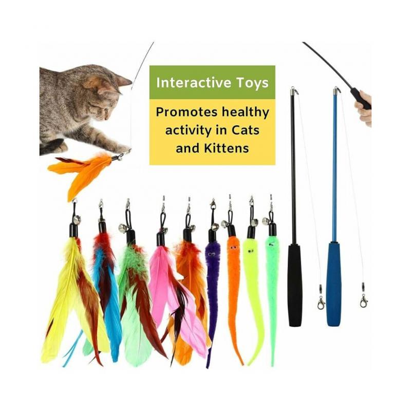 Interactive Cat Toy, Vibrant Colors Retractable Cat Wand Toy with Cat Duster and Feather Teaser Refills, Ideal for Engaging Playtime with Your Feline