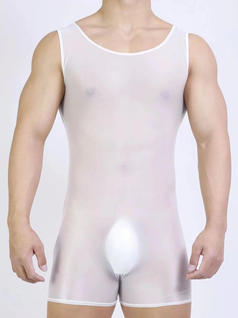 Thin Oil Shiny Sleeveless Playsuit High Elastic Shaping Tights Sheer Gay U Convex Pouch Sheath Bodysuit Tops Man Leotard
