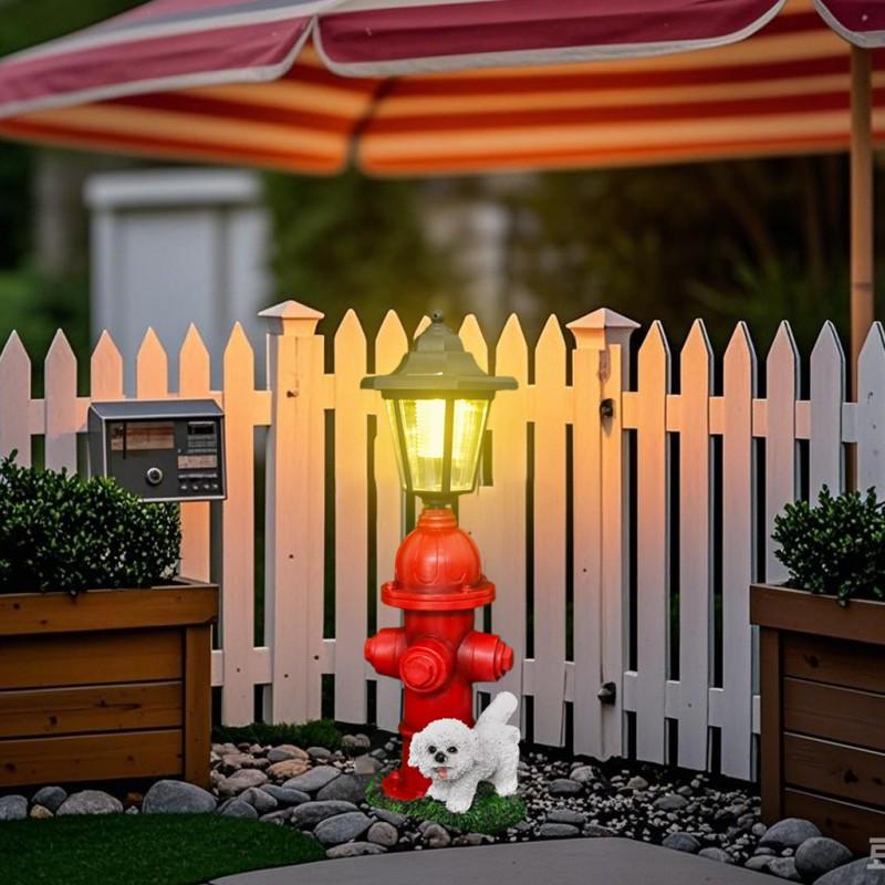 Solar Powered Resin Fire Hydrant Dog Garden Ornament Outdoor Waterproof Lawn Decor