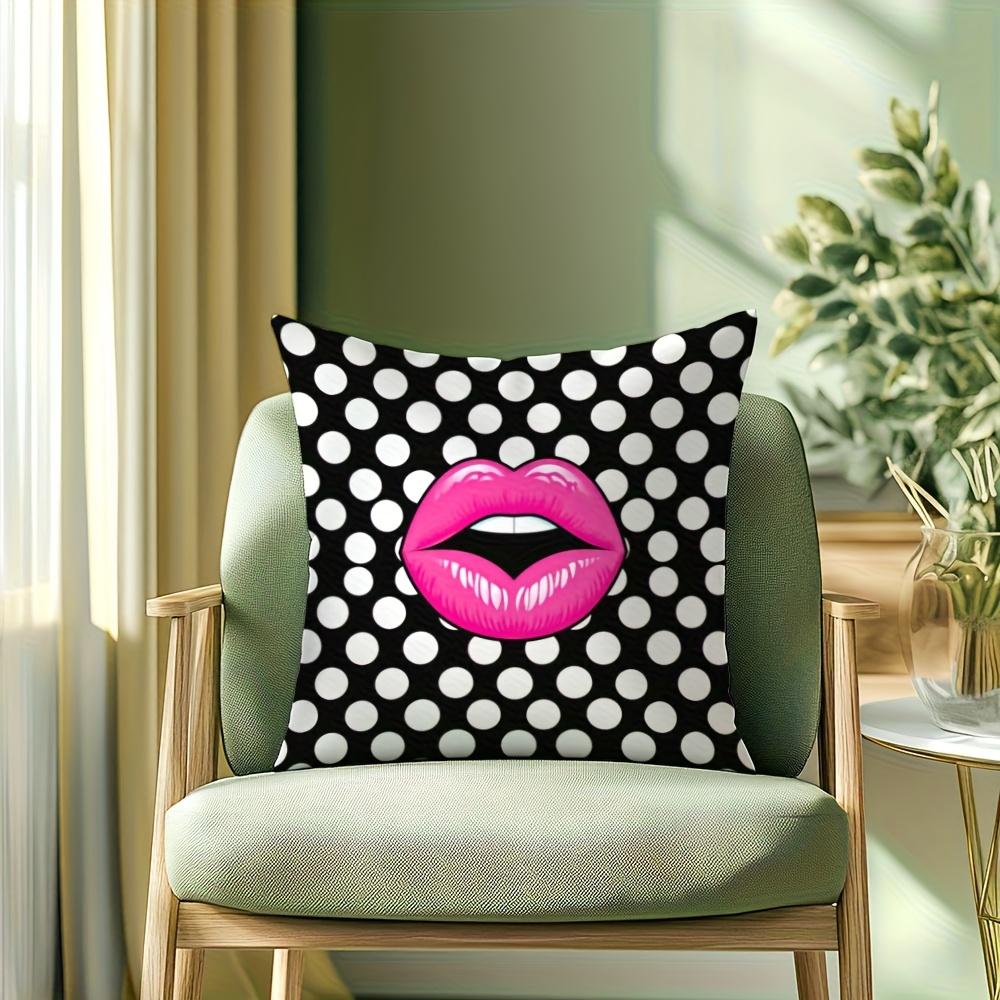 1Pc Trendy Hot Pink Lips Pillow Cover, 2D Double-Sided Print Polyester Pillowcase, Y2K Polka Dot Decor, Cool Gift For Teens & Gi
