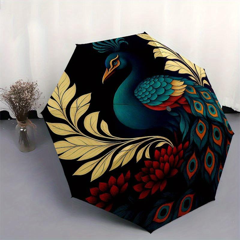 Elegant Peacock with Lotus Flower Circular Art Print Umbrella, Portable 3-Fold Compact Umbrella for Men & Women R154
