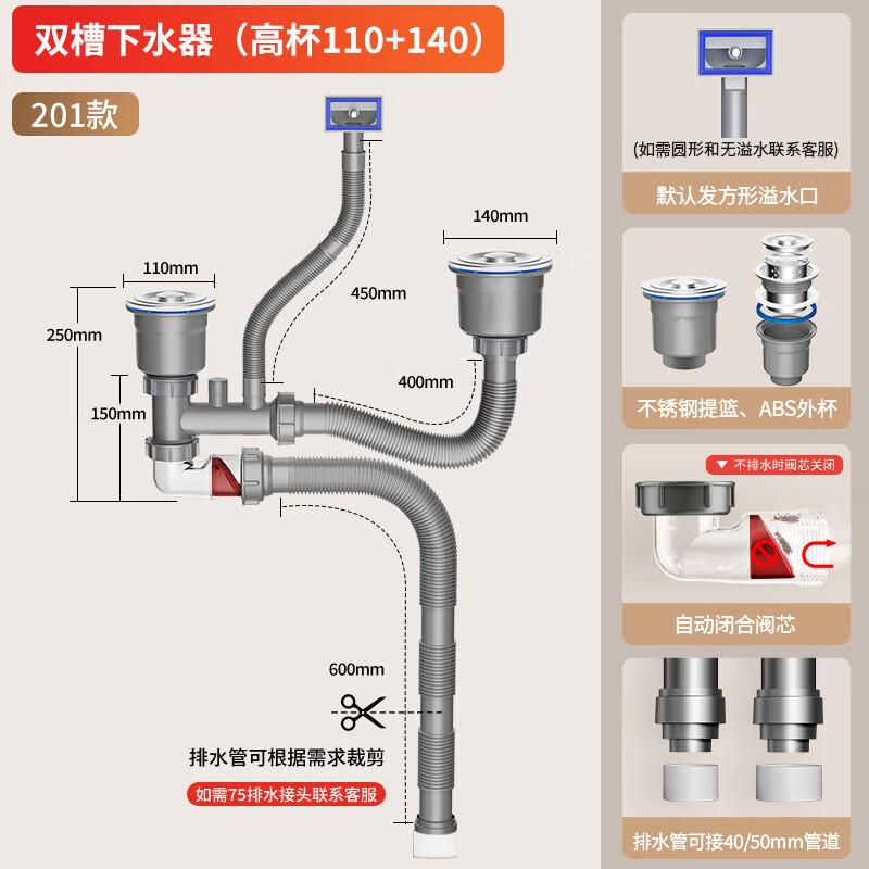 Комплект сливных труб для двойной раковины из нержавеющей стали