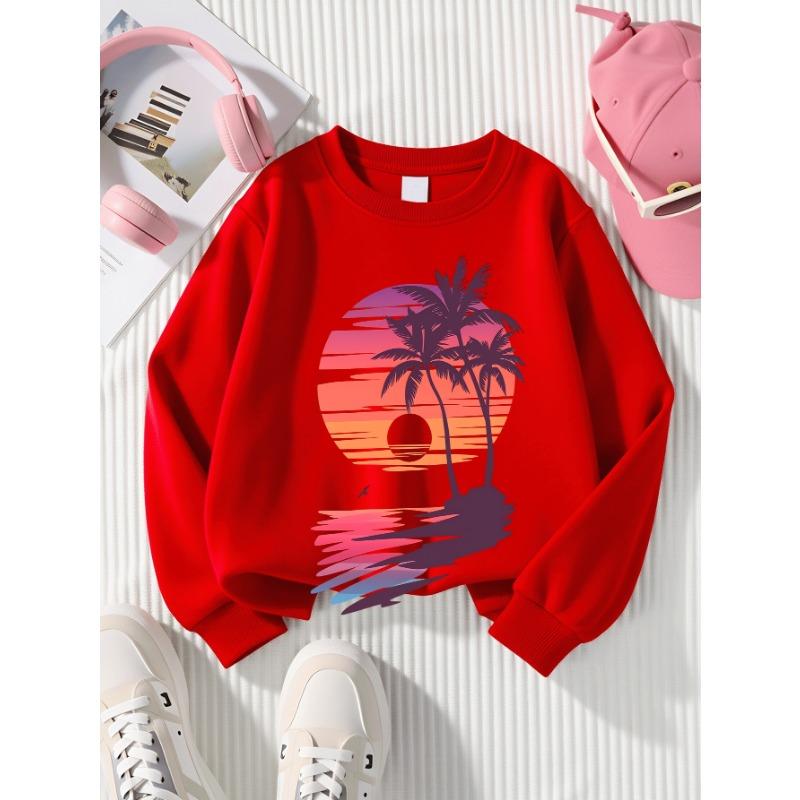 European sizes Tropical Sunset Palm Trees Water Reflection Girls' Crew Neck Sweatshirt, Western Top, Long Sleeved, Casual for Little Girls.