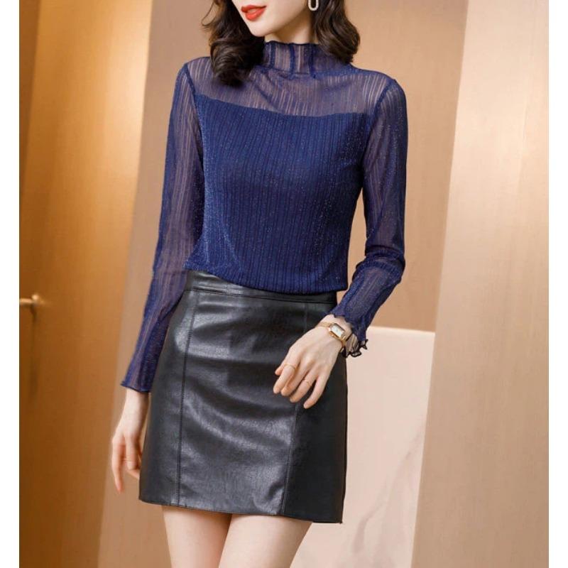 High Collar Mesh Bottoming Shirt for Women Spring and Autumn New Style Long-sleeved Lace Top