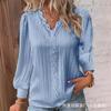 Women's V-Neck Long Sleeve Top with Lace Trim and Puff Sleeves