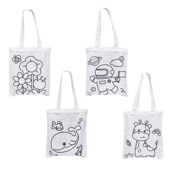 DIY Coloring Canvas Bag Cute Animal Plant Space Designs Kids Tote Reusable Shopping Tote for Children School Outing Picnic