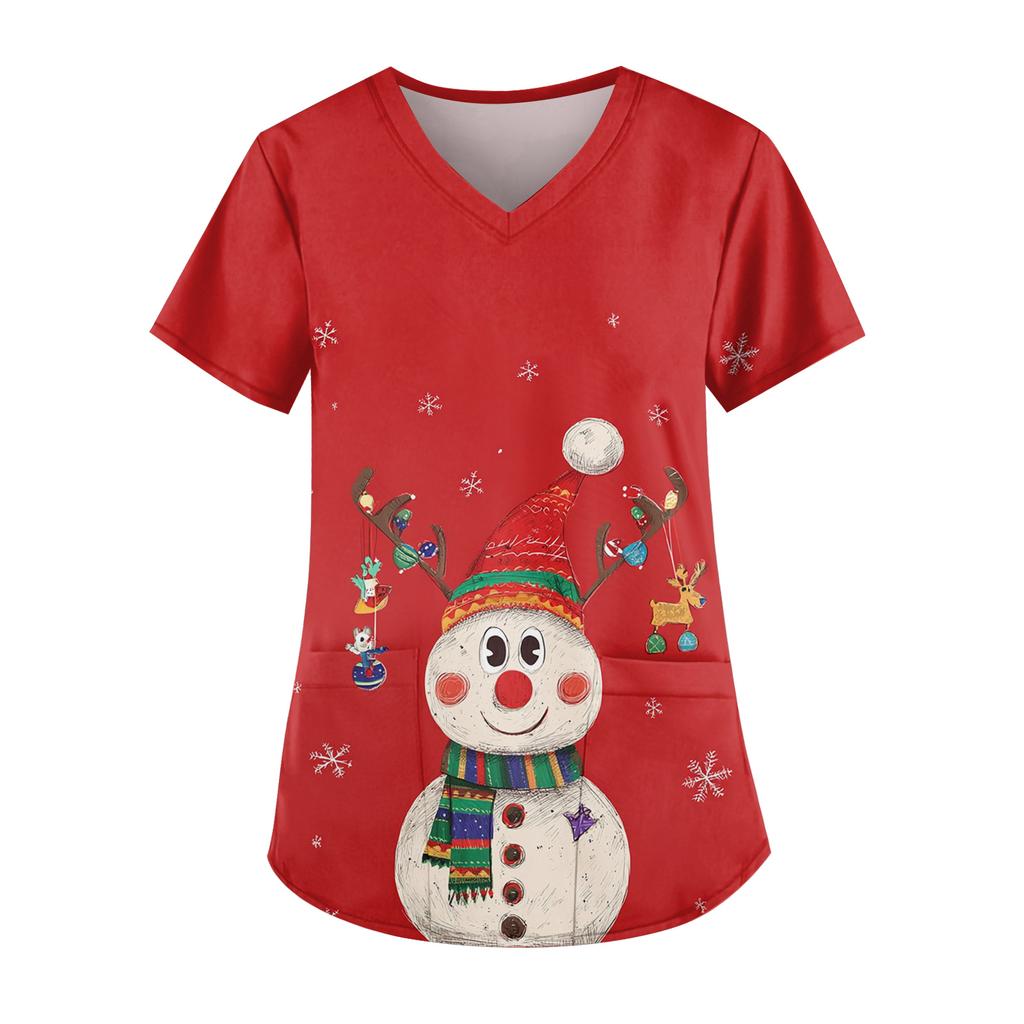 Ladies' Fashionable V-neck Pocket Short Sleeved Christmas Tree Printed Caregiver Uniform