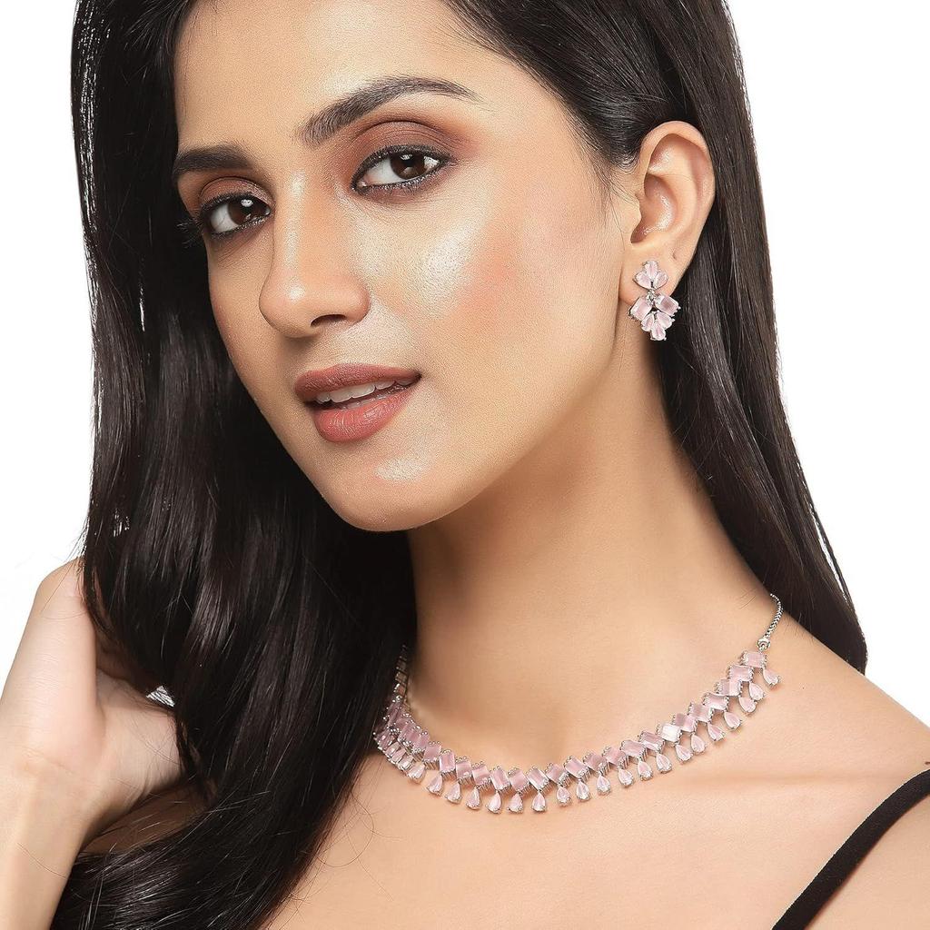 Rhodium-Plated Silver Toned Pear Shaped American Diamond Studded Necklace with Earrings Jewellery Set with Girls and Women