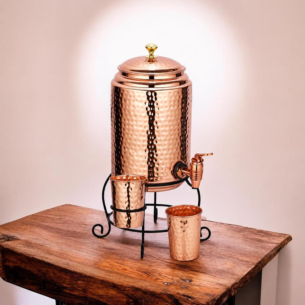 Copper Water Dispenser Set – 5 Litres | Hammered Natural Finish | Includes Stand, 2 Glasses & ABS Tap | Ayurvedic Tamra Jal Water Storage Pot