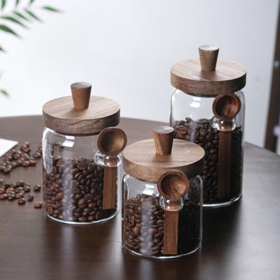Glass Airtight Canister Sealed Jar with Wooden Spoon Transparent Food Storage Jar for Spice Coffee Beans Kitchen Pantry Supplies