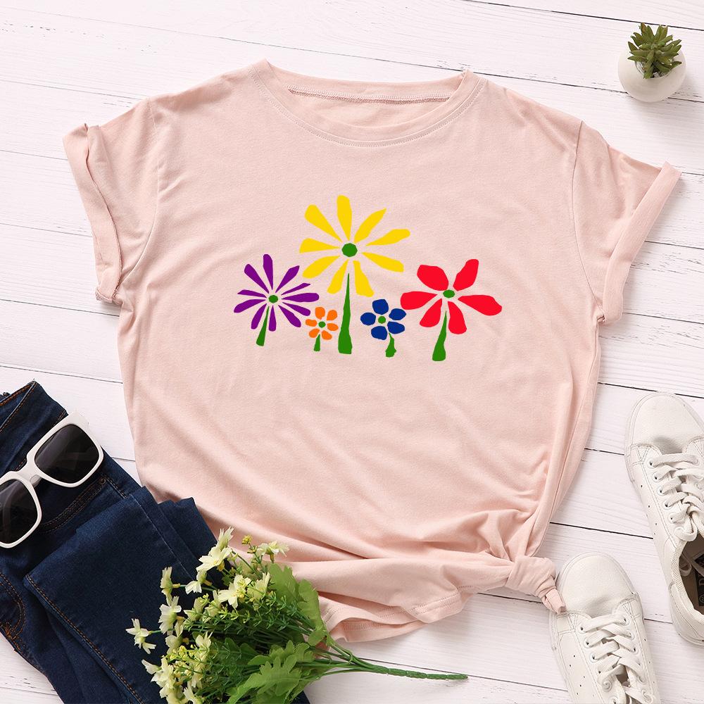 Women's Creative Pure Cotton Colorful Flower Loose Round Neck Short Sleeved T-shirt