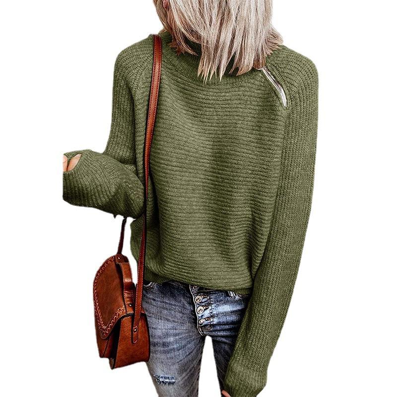 European and American new sweater women's solid color zipper knitted top knitted jumper