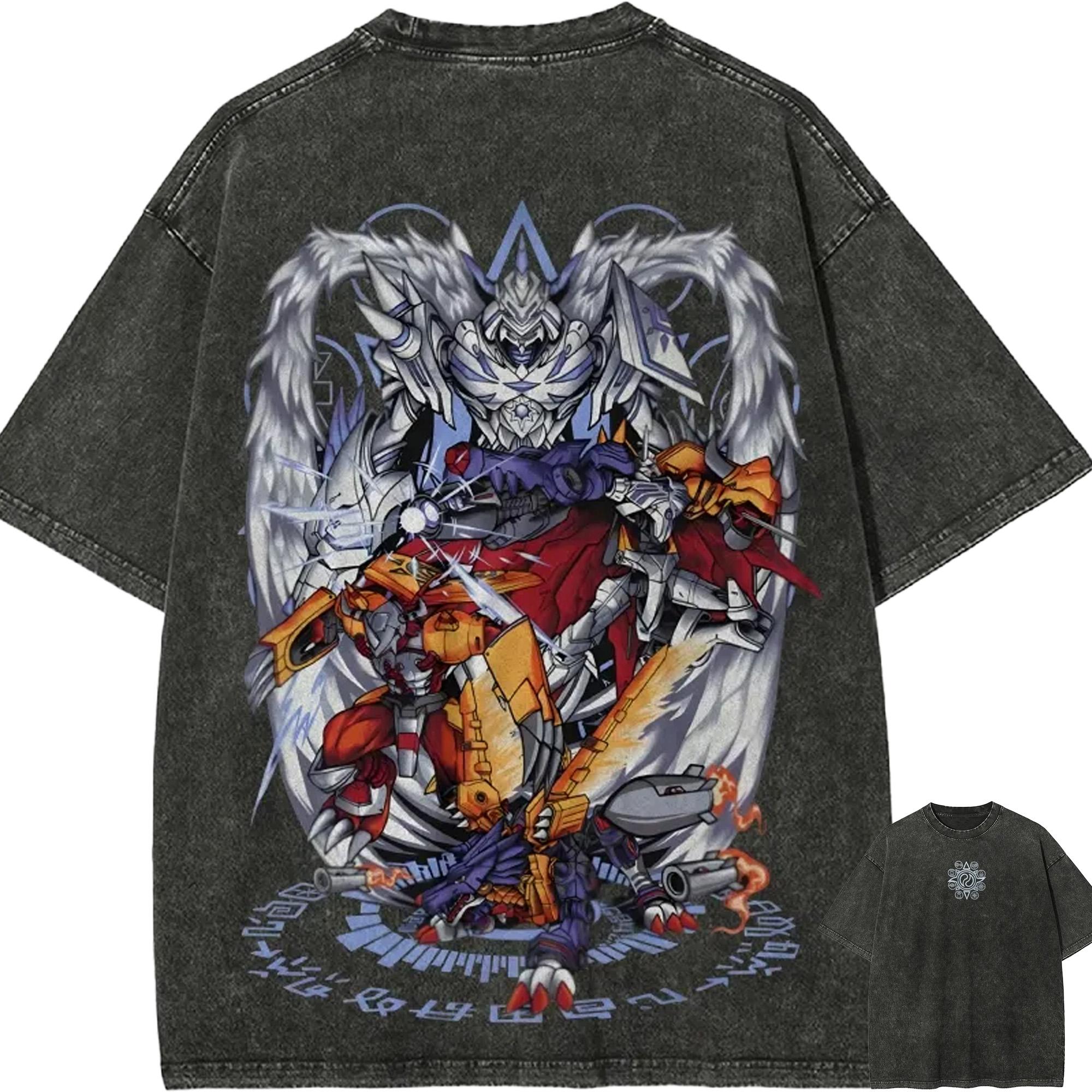 Omegamon T Shirt Men Digimon WarGreymon Vintage Acid Wash Streetwear Oversized Retro Japanese Anime Graphic Cotton Tees M