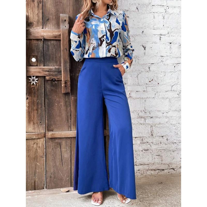 women's Collared Abstract Print Long Sleeve Shirt High Waist Wide Leg Pant Casual Two Piece Outfit Set